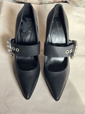 Karl Lagerfeld Black Pointed Mary Jane Pumps with Crystal Accent Strap NWOT